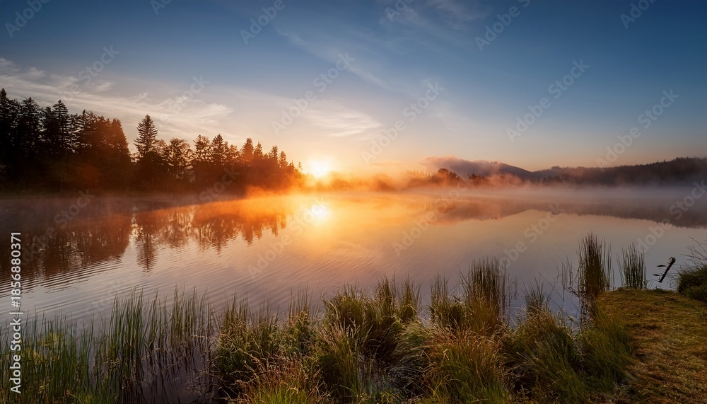 Fototapeta premium Misty Sunrise Over Calm Lake