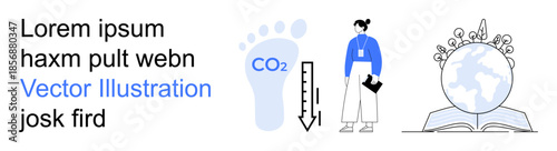 Environmental awareness, carbon reduction, education, sustainability, climate change, green initiatives. ion of a CO2 footprint, a person with a report and a globe. Environmental awareness