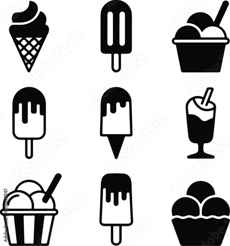 A set of black and white icons depicting various types of cold treats and desserts silhouette