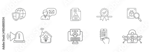 Privacy policy line icon set. Data, protection, secure piles, authentication, network security vector illustration