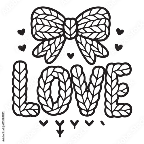 LOVE Knitted Yarn Lettering with Bow – Cute Valentine’s Day Black Vector T-Shirt