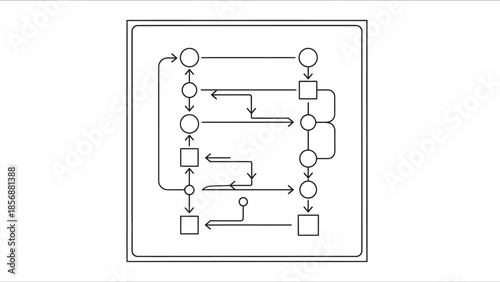 Abstract flowchart diagram with process steps and decision points, illustrating a complex system's workflow or logic