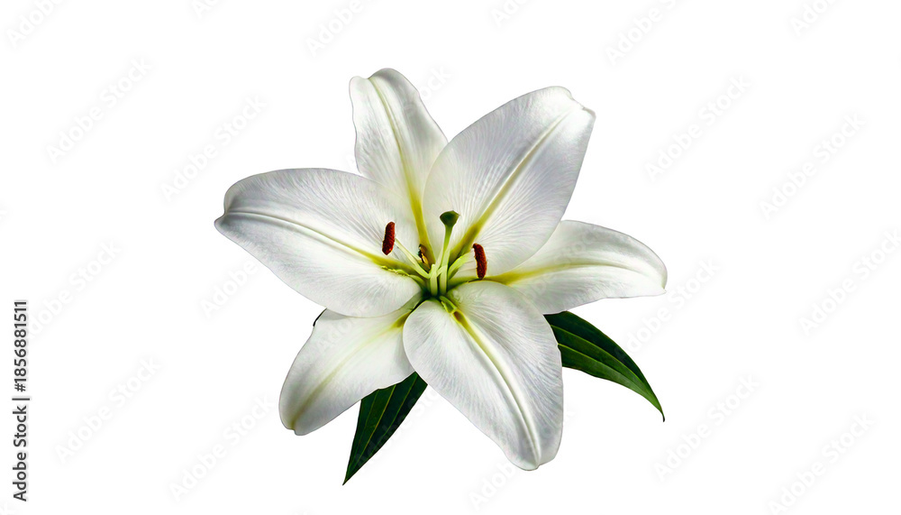 Fototapeta premium Single white lily flower with green leaves and dark center, isolated on a transparent 