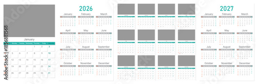 Modern calendar layout for 2026-2027 featuring monthly pages with photo placeholders and yearly overviews. Clean teal and grey design.