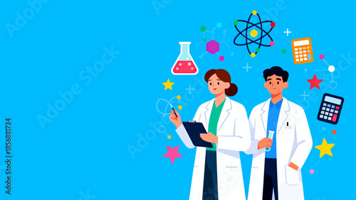 scientists in lab coats with science symbols