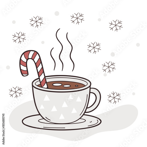Warm Cup of Coffee with Candy Cane and Snowflakes Line Art Icon