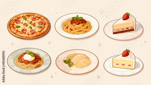 Illustration of various food dishes