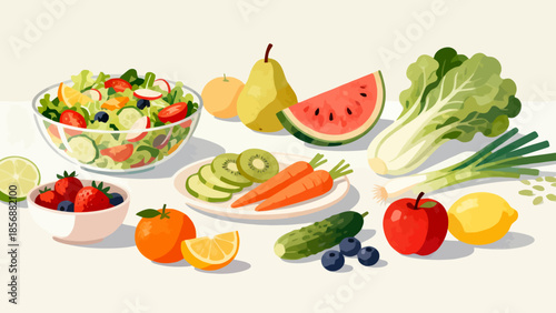 Fresh fruits and vegetables displayed
