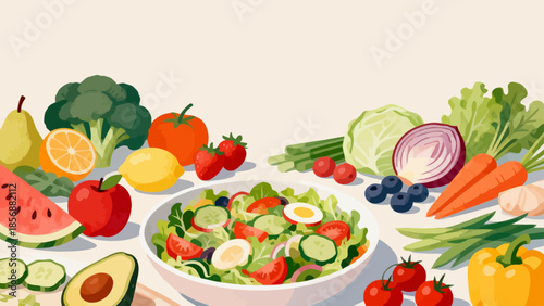 Illustration of fresh salad and assorted fruits vegetables