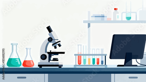 Laboratory setup with microscope and chemicals