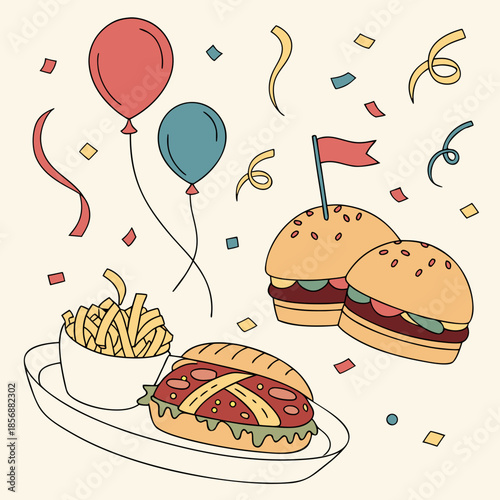 a charming illustration of a festive christmas market stall decorated with lights and santa claus standing nearby