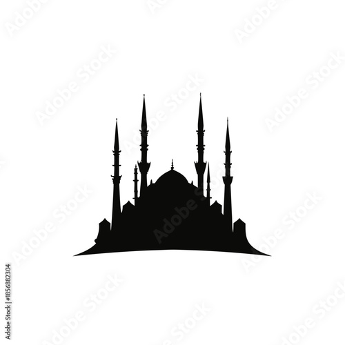 Silhouette of a grand mosque with multiple towering minarets and domed roofs