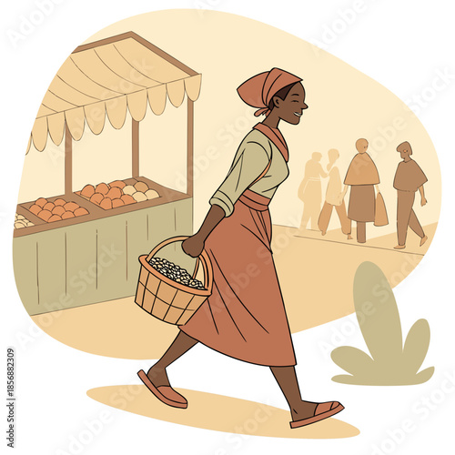 A woman carrying a basket walks past a market stall with produce while people stroll in the background