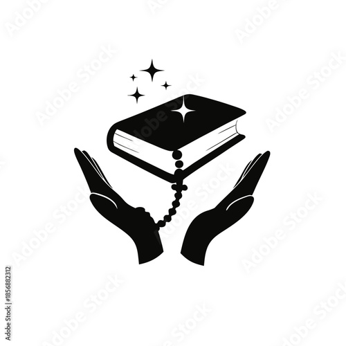 Hands holding a sacred book with prayer beads and stars, symbolizing faith and spiritual guidance
