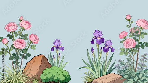 Garden with pink roses and purple irises