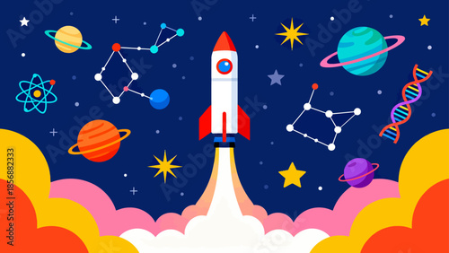Rocket launch in space with planets stars and clouds