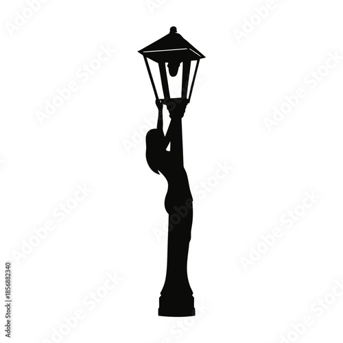 A graceful silhouette of a woman reaching towards a classic street lamp