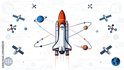 Space shuttle in orbit with satellites and planets