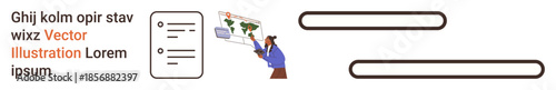Business planning, education, global data analysis, teamwork strategy, project management, technology integration. A person presenting global mapping near a checklist. Business planning and education