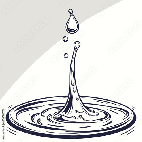 A striking illustration depicts a water droplet in mid fall creating concentric ripples upon impact with a surface in a