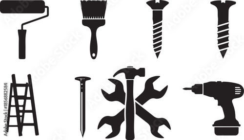 Black silhouettes of essential tools for home improvement projects