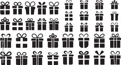 Black gift boxes with ribbons icons on white background