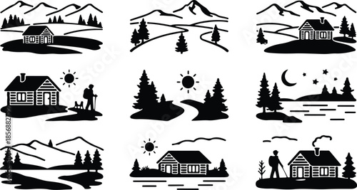 A serene landscape of cabin silhouettes against a backdrop of mountains and trees silhouette