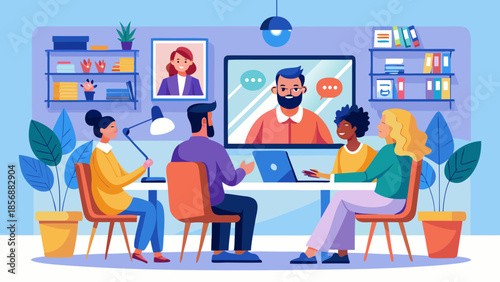 Flat vector illustration of remote team in video conference meeting, modern work culture concept.
