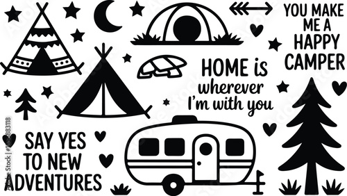 A collection of camping icons and phrases in black silhouette on a white background