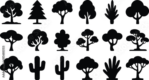 A collection of various tree silhouettes against a plain white background silhouette