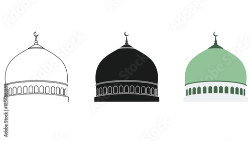 Islamic Mosque Dome in Three styles vector set line art, silhouette and color version For Ramadan, Eid and Islamic design