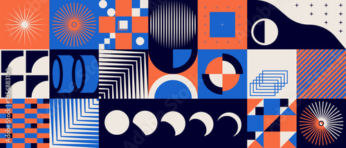 Abstract Brutalism Geometric Background Bold Shapes and Vibrant Colors. Swiss Graphic Design Seamless Pattern, Bauhaus Style Minimalist Elements.