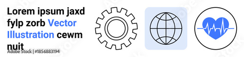 Technology, global communication, healthcare, digital ecosystems, innovation, interconnected systems. Gear symbol, globe icon and heartbeat graphic. Technology and global communication concept