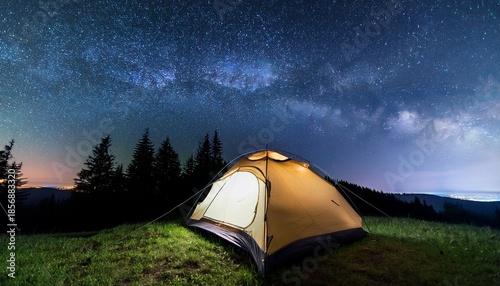 camping tent illuminated under starry night sky
