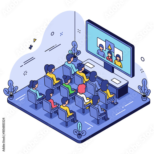 Diverse group attending a virtual meeting in a modern conference room