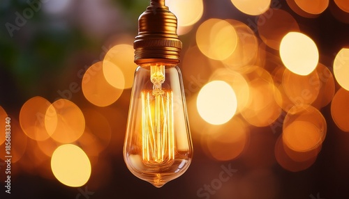 brightly glowing vintage edison bulb with warm golden bokeh