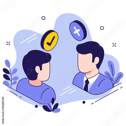 Two businessmen discussing decisions with check and cross icons