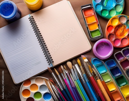 colorful art supplies paintbrushes watercolor palette notebooks