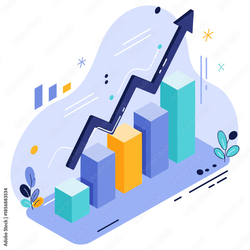 Fototapeta premium Abstract graph with upward arrow and bar chart in modern style