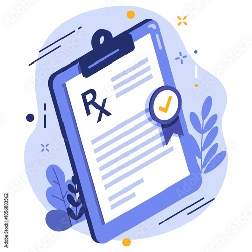 Medical prescription icon with checkmark and clipboard in abstract style