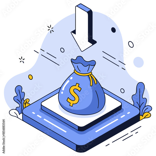 Conceptual illustration of digital currency transaction with money bag and download icon