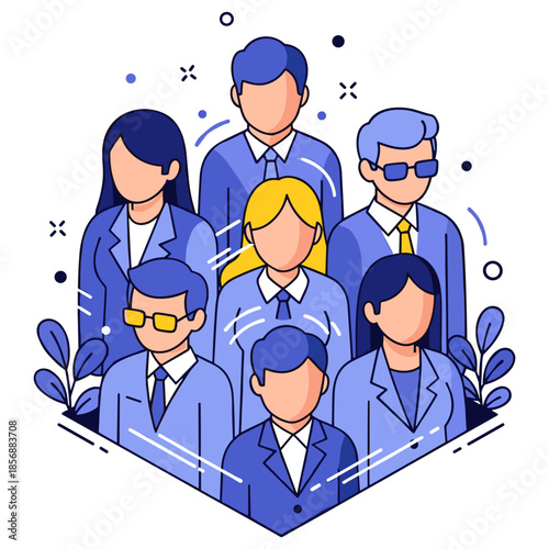 Diverse team of young professionals in blue suits and glasses with plants