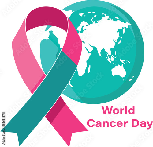 Teal and pink ribbon for world cancer day on a white background with a globe