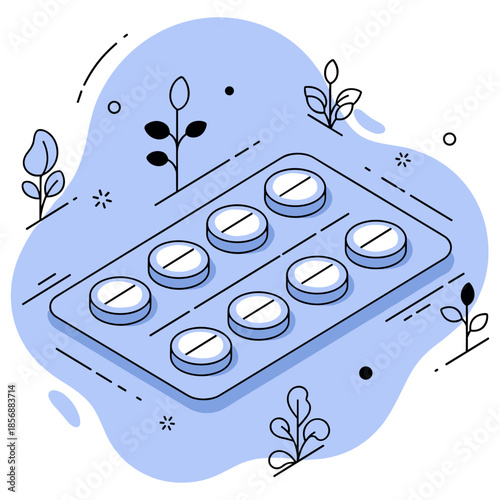 Vector design of blister pack with pills and decorative elements in blue