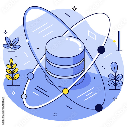 Abstract atomic structure illustration with orbiting electrons and geometric elements