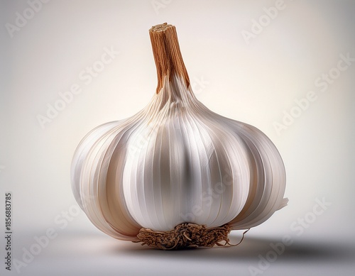 a white garlic bulb with a brown stem