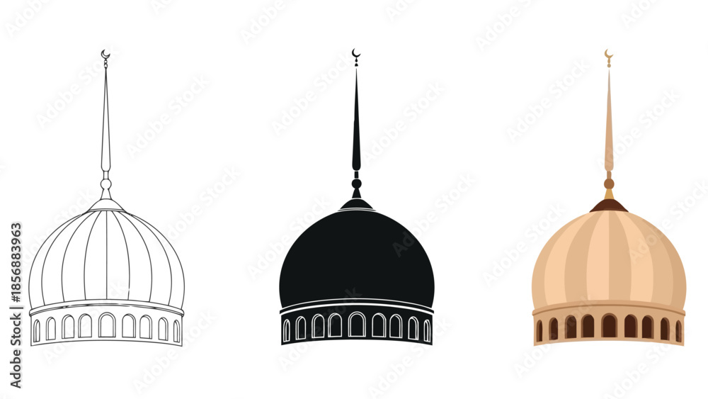 Obraz premium Islamic Mosque Dome in Three styles vector set line art, silhouette and color version For Ramadan, Eid and Islamic design
