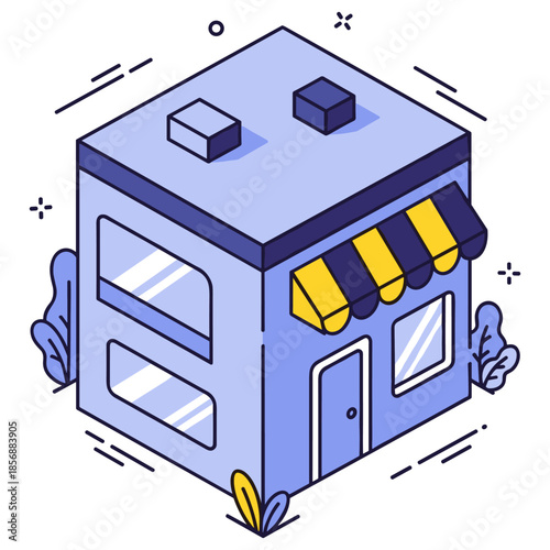 Isometric cartoon building with blue and yellow striped awning