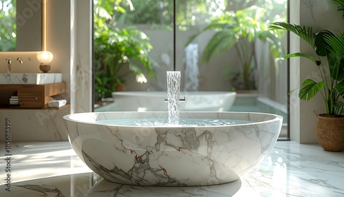 Luxurious Modern Bathroom with Marble Sink and Greenery.