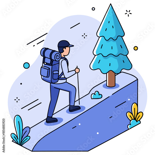 Male hiker with backpack trekking uphill near pine tree in winter landscape illustration
